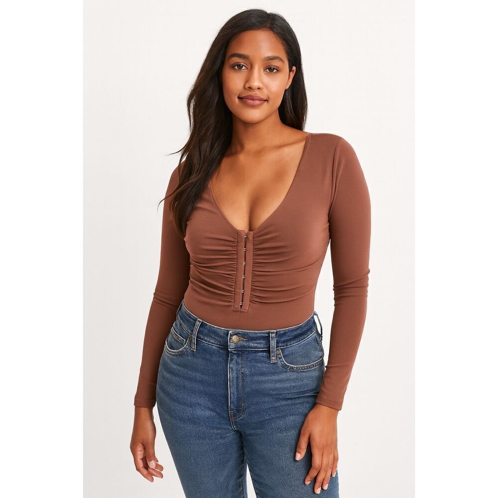 Abercrombie & Fitch Brown Long-Sleeve Slinky Hook-and-Eye Bodysuit Size S
